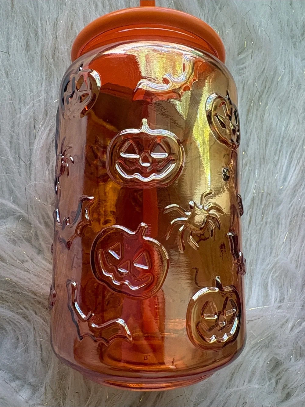 Halloween Spiderweb & Pumpkin Glass Jar Tumbler - Orange, Purple, Green